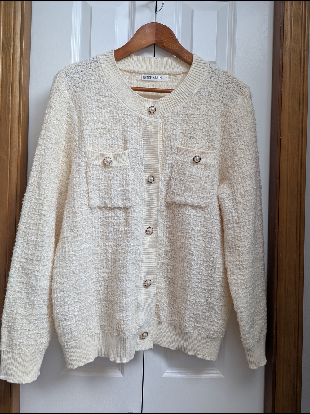 Grace Karin Cream Bouclé Pearl Button-Front Cardigan